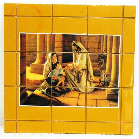 Handmade Faux Tile Wall Hanging Jesus Mother & Child Wooden Polyurethane Finish - Picture 1 of 6